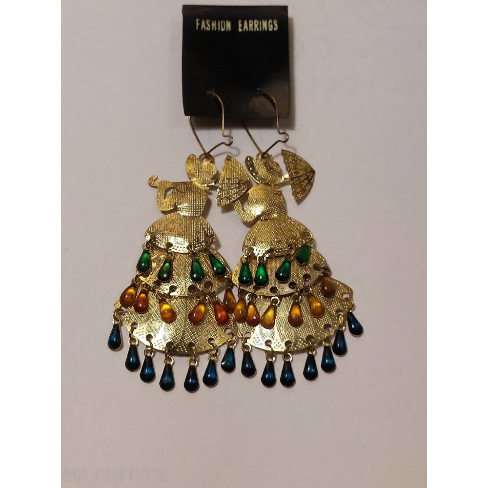 Vintage Gold Tone Dangle Earrings Woman Umbrella Parasol Green Orange Beads